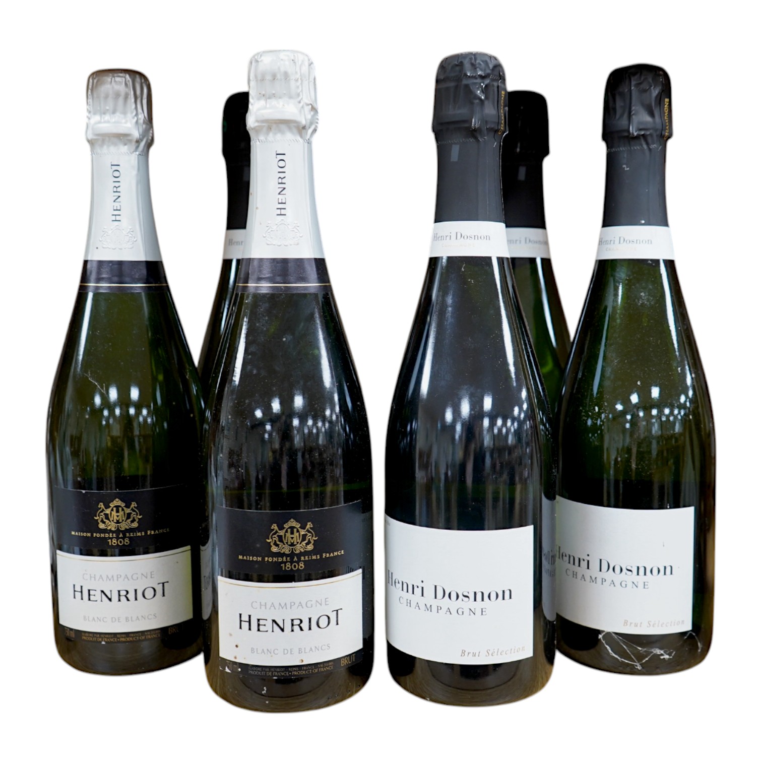 Six bottles of Champagne comprising four bottles of Henri Dosnon and two bottles of Henriot. Condition - good, storage history unknown